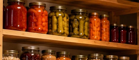 Symbolbild: Holzregal mit Einmachgläsern – Tomaten, Karotten, Essiggurken